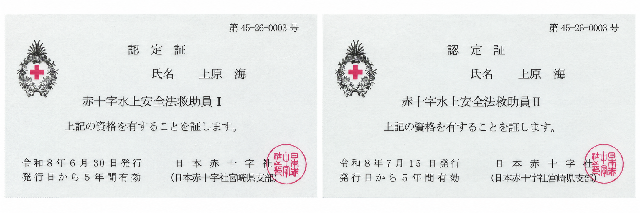 上原海の赤十字水上安全法救助員Ⅰ・Ⅱ認定証